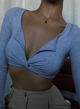 VanessaLab 欧美灰色90s复古v领长袖短款T恤女秋季2025新款打底衫