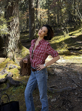 VanessaLab 私服美式古着格子红衬衫女棉质长袖时尚休闲衬衣外套