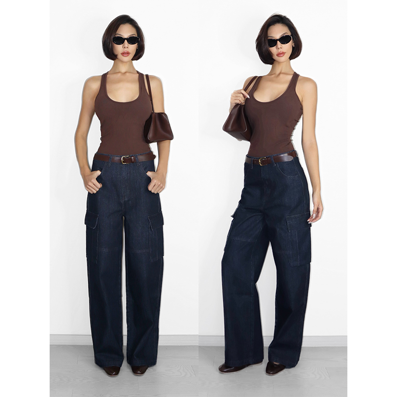 VanessaLab 秋冬复古回潮工装牛仔裤女深蓝色兜裤宽松直筒阔腿裤