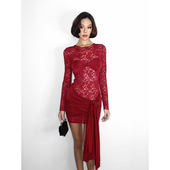 蕾丝镂空拼接飘带短款 VanessaLab 圣诞约会酒红色长袖 连衣裙女