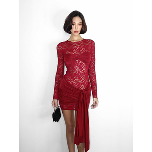 连衣裙女 蕾丝镂空拼接飘带短款 VanessaLab 圣诞约会酒红色长袖
