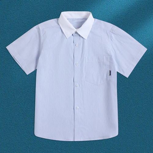 男童蓝条纹白领短袖衬衣中大童小学生纯棉校服衬衫男孩子班服上衣