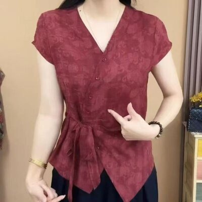 正品2025夏季新款纯色休闲洋气短袖气质百搭V领显瘦开衫扣上衣