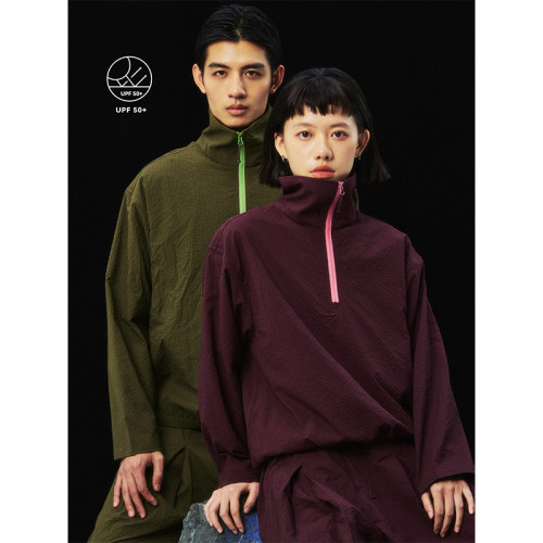 高山热半拉链泡泡纱套头立领衫