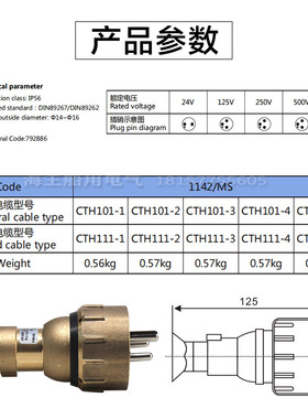 船用铜质水密防水插头CTH101-1/2/3/4/5 IP56 24V/125V/250V/500V