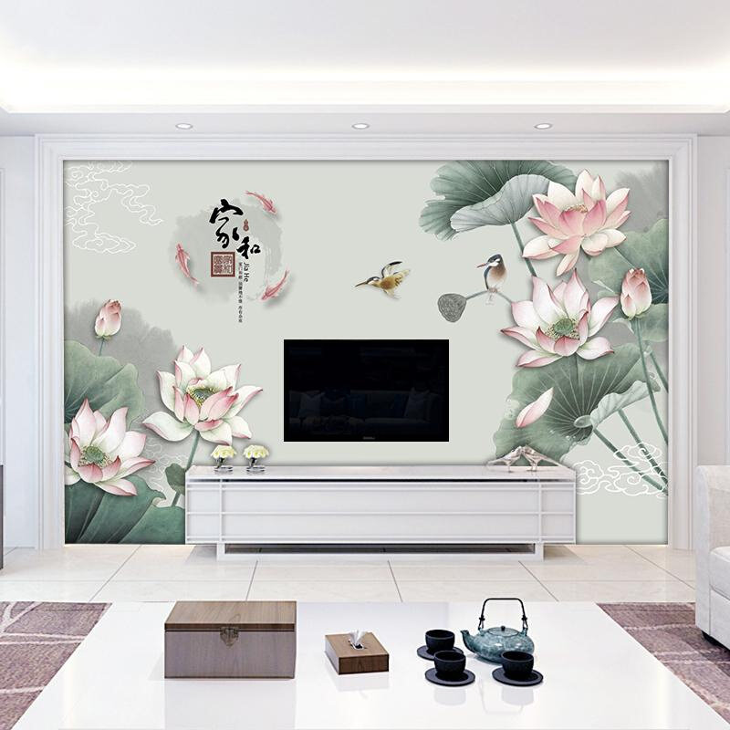 8d新中式电厅背景墙壁纸客32019新款墙纸视d荷花影视墙布装饰壁画