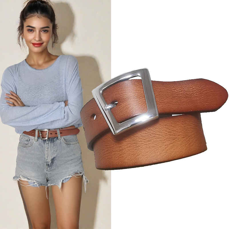 女士时尚休闲卡其色皮带真皮头层牛皮牛仔裤简约百搭梯形扣皮带潮