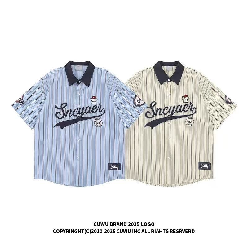 美式复古棒球小狗条纹短袖衬衫男夏季学院风休闲百搭衬衣