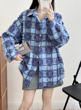 棋盘格蓝色格子衬衫女设计感小众春秋女装衬衣上衣外套