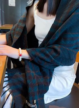 【正品】Coor Koor羊绒围巾女冬季2025新款百搭英伦风蓝绿格子披