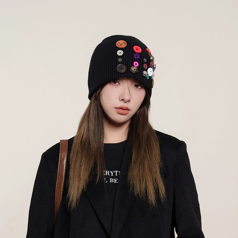 CoorKeva五彩纽扣针织帽女毛线