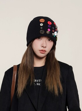 CoorKeva五彩纽扣针织帽女毛线