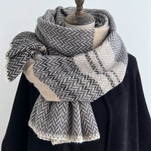 【正品】Coor Koor韩版百搭轻奢亮丝人字条纹羊绒围巾围脖女秋冬