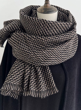 【正品】Coor Koor经典水波纹黑色格纹围巾女冬季高级感纯羊绒