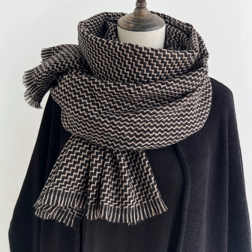 【正品】Coor Koor经典水波纹黑色格纹围巾女冬季高级感纯羊绒