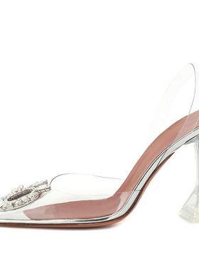 新款欧美外贸大码尖头PVC水晶跟太阳花Slingbacks宴会Wedding单鞋