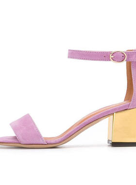 紫色羊京脚腕搭扣漆皮包跟粗高跟凉鞋货源厂家时装凉鞋仿皮