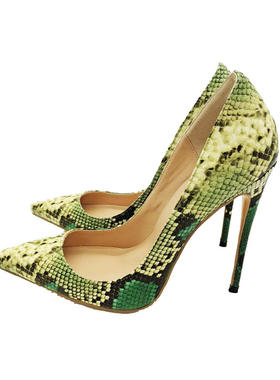 外贸大码尖头细高跟绿色蛇纹经典款单鞋成都货源厂家浅口单鞋