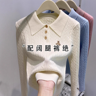 小熊刺绣polo领针织衫女2025秋冬新款修身内搭打底毛衣上衣A9380