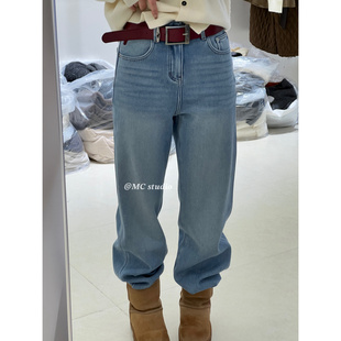 有腰带直筒马车刺绣长裤 欧洲站冬季 厚绒牛仔裤 81003 窄版