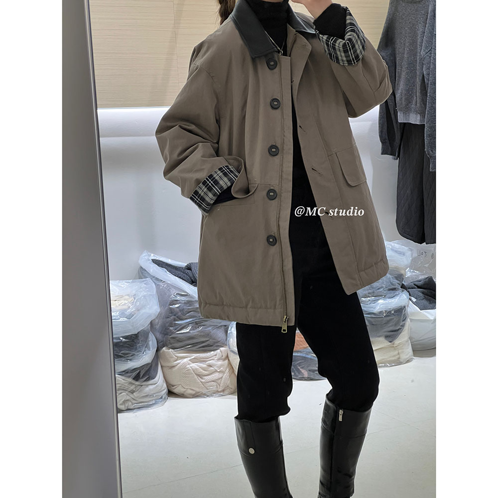 格子翻袖原宿风厚外套鹅绒羽绒服