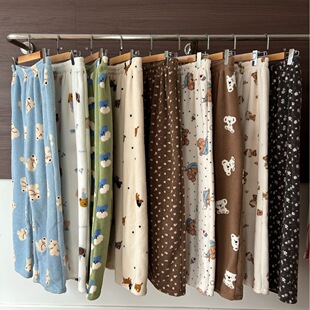 2025冬季雪粒绒加厚保暖松紧腰碎花可爱宽松睡裤居家裤子可外穿