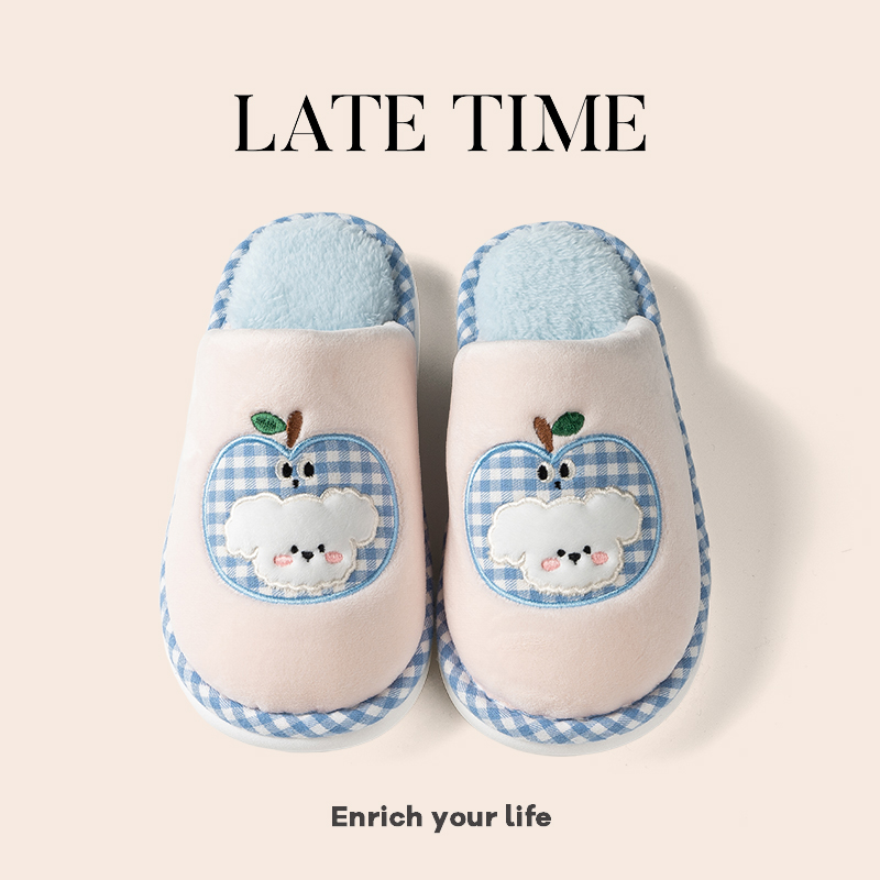latetime可爱苹果狗棉拖鞋女秋冬