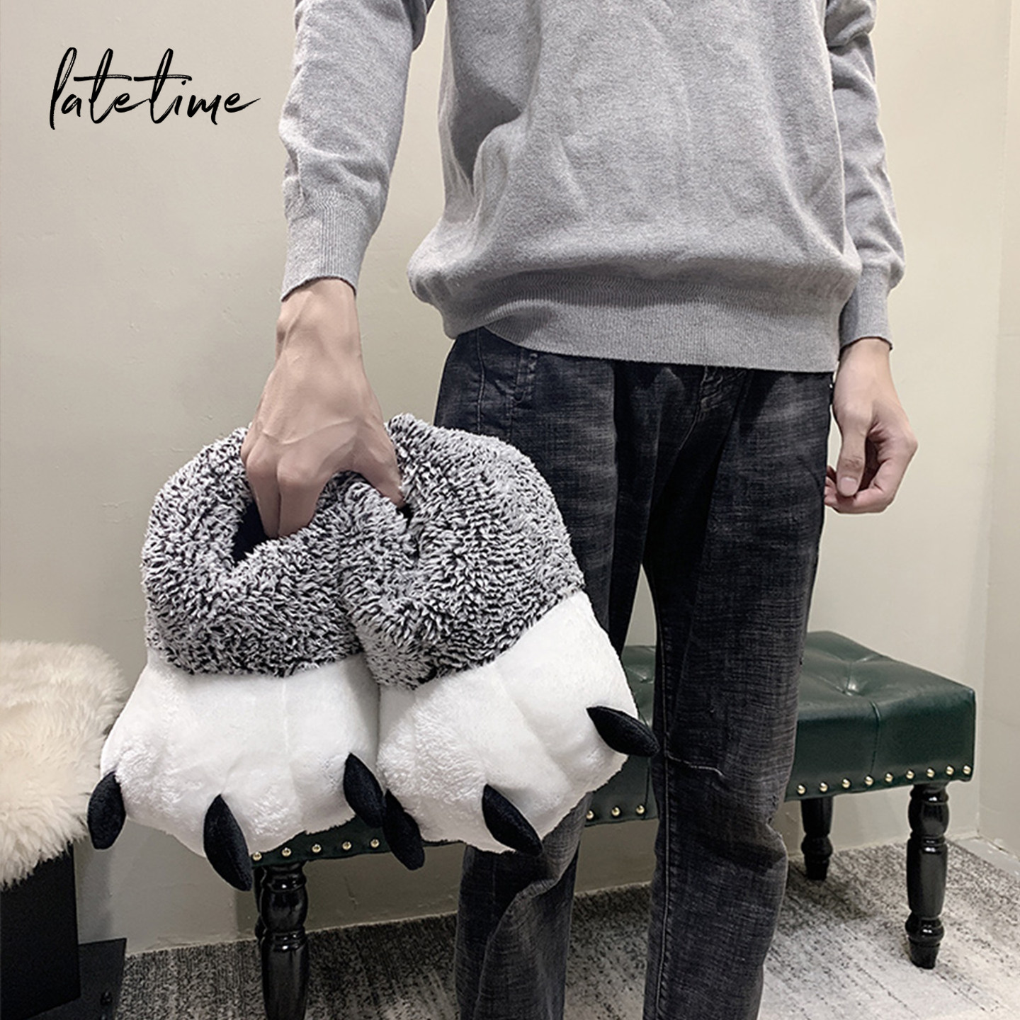 个性搞怪大爪子棉拖鞋男包跟冬季室内居家用男士毛毛情侣棉鞋女