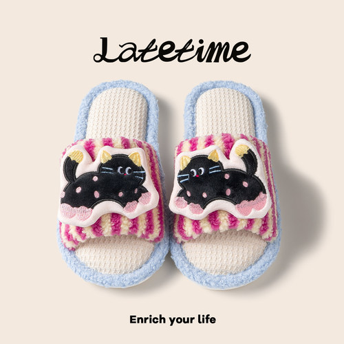 latetime小猫亚麻拖鞋女四季棉麻