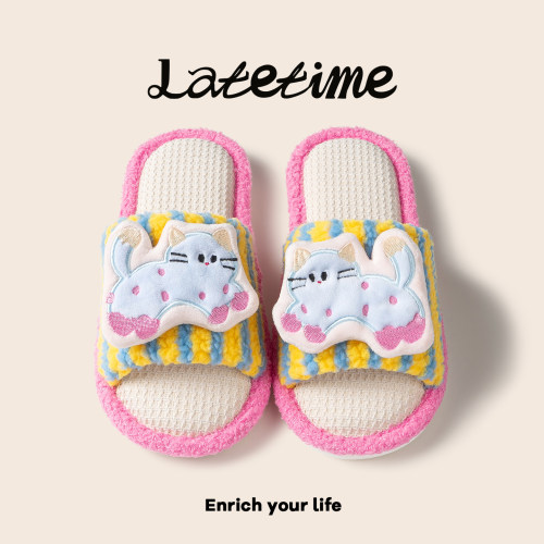 latetime小猫亚麻拖鞋女四季棉麻