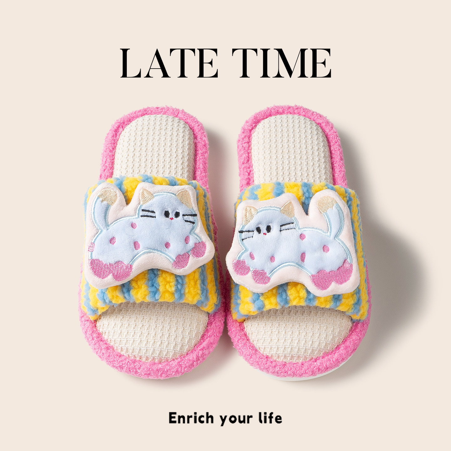 可爱小猫亚麻拖鞋女室内家居家用防滑透气吸汗静音四季棉麻布拖鞋