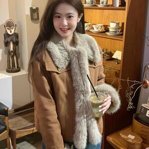 毛茸茸外套女冬季时尚韩版2024新款加厚环保皮草牛仔拼接毛绒上衣