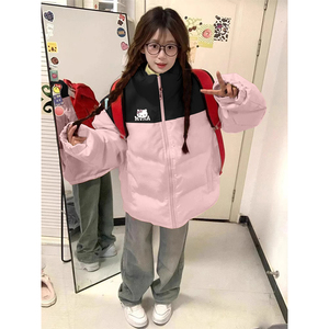粉拼黑小个子学院风羽绒服女冬季2024年新款加厚初中生面包服棉服