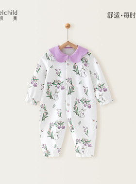 妙贝亲春秋纯棉婴儿连体衣紫色风铃花长袖宝宝哈衣爬服新生儿衣服
