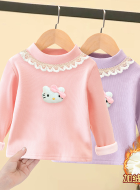 女童加绒打底衫秋冬款儿童加厚保暖上衣女孩宝宝半高领一体绒T恤