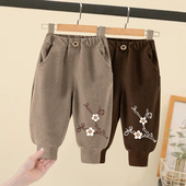 秋装 女童宽松卫裤 子儿童运动长裤 女孩宝宝刺绣束脚裤 卡其色 春秋季
