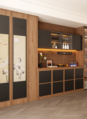 全屋定制宋氏实木餐边柜储物柜一体客厅柜高柜靠墙到顶厨房碗柜