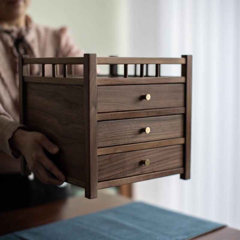 西拾 北美黑胡桃木实木普洱茶饼收纳盒新中式抽屉式多层储茶柜