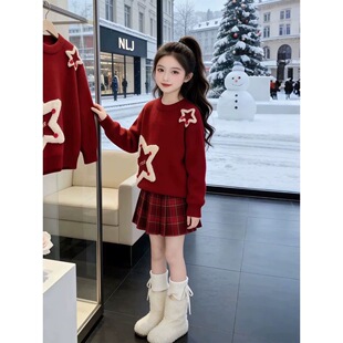 女童圣诞风红色毛衣2026新款冬季女宝新年服毛线衣儿童圆领针织衫