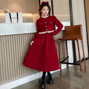 2025新年好运服女童套装裙秋冬新款儿童洋气加绒外套裙子两件套