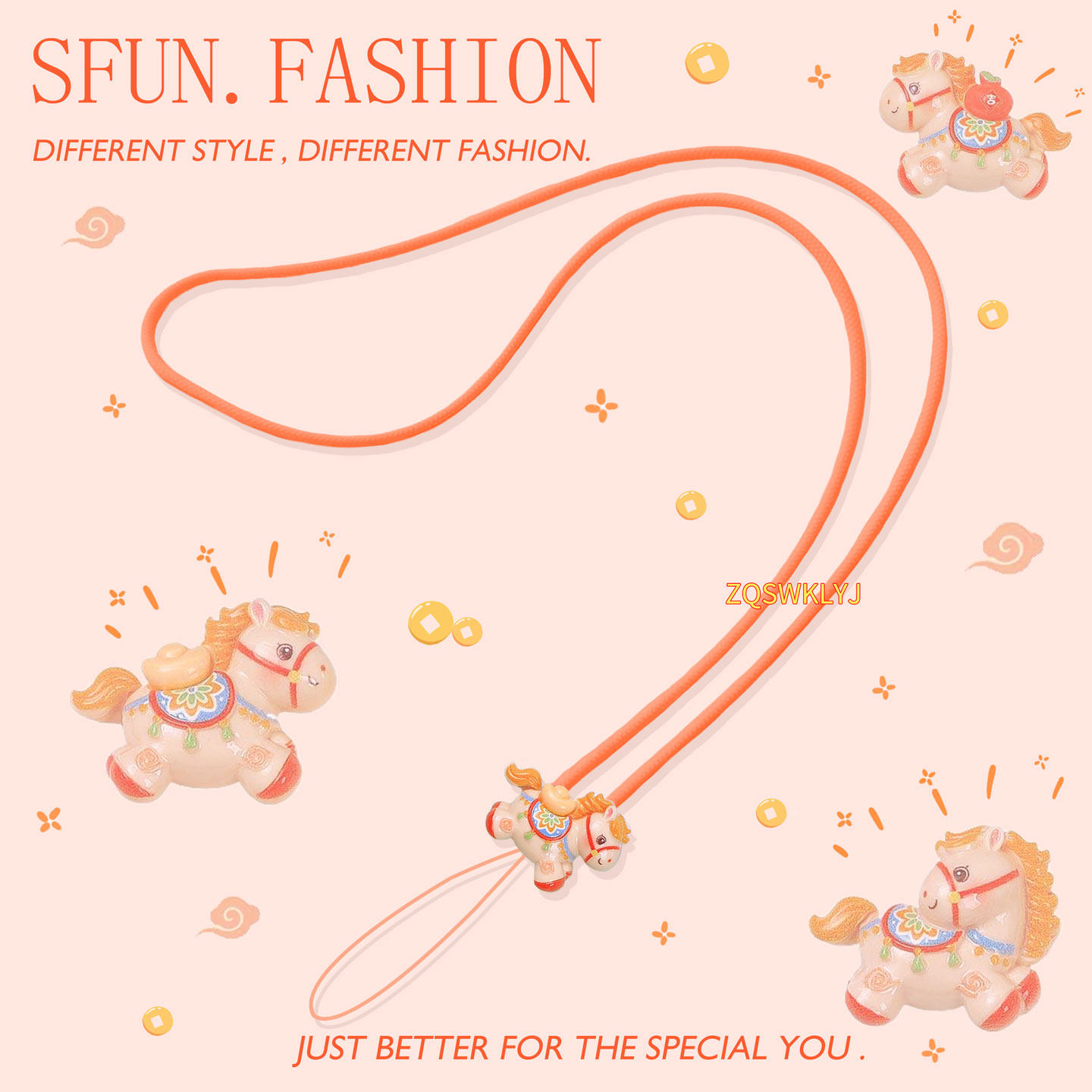 橙色小马挂脖手机长挂绳硅胶耳机马年可爱挂件u盘钥匙ccd链饰防丢