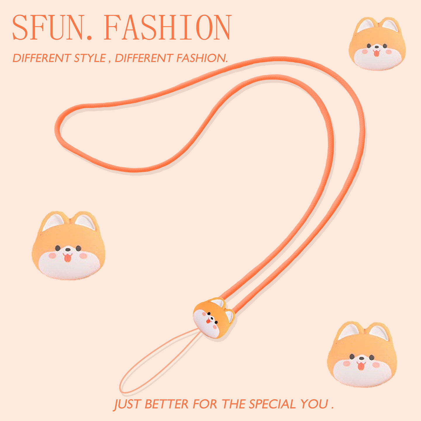 SFUN橙色手机挂脖长挂绳可爱小狗耳机挂件钥匙u盘ccd相机硅胶链饰