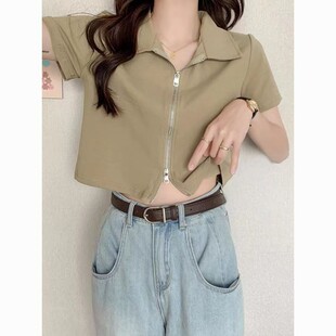 设计感Polo翻领正肩短袖 薄款 法式 女T恤夏季 上衣 洋气拉链半袖 短款