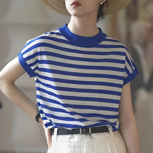 圆领条纹撞色T恤全棉薄款 夏季 韩版 跨境女式 上衣一件代发 针织短袖