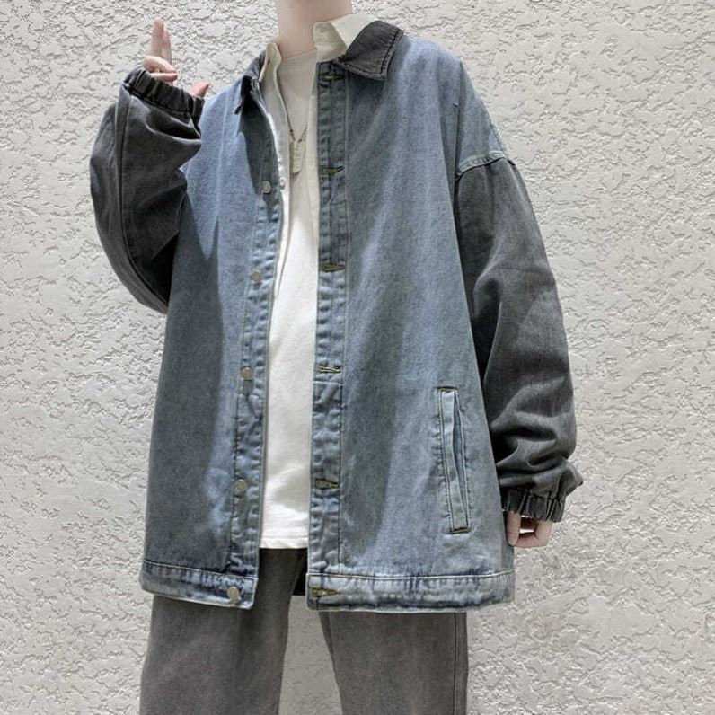 港风宽松休闲牛仔外套男春秋设计感拼接韩版潮流青年水洗工装夹克