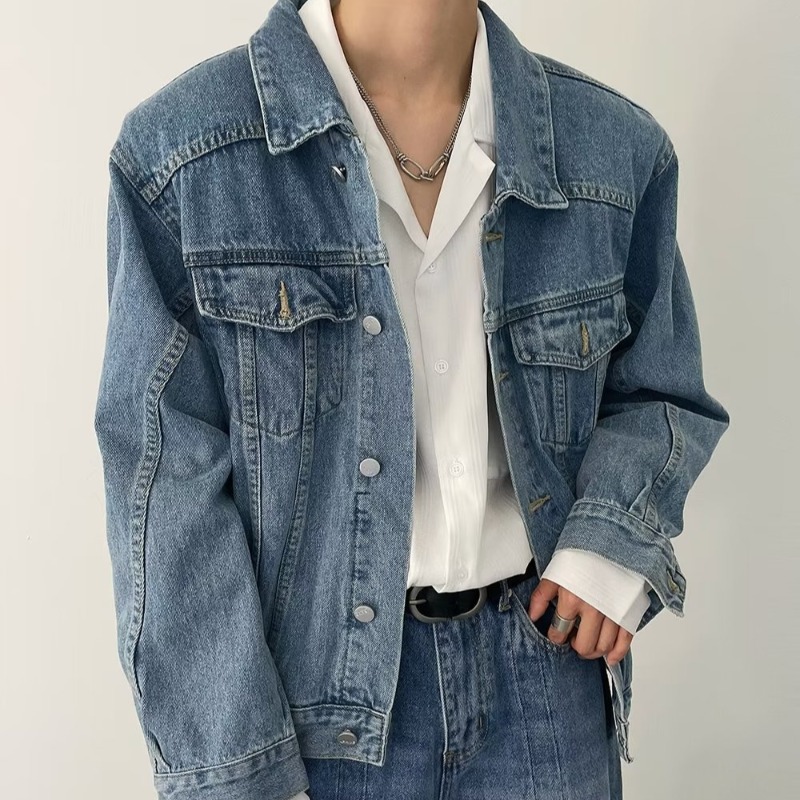 春秋季新款韩风时髦男生蓝色牛仔衣外套复古水洗短款垫肩夹克上衣