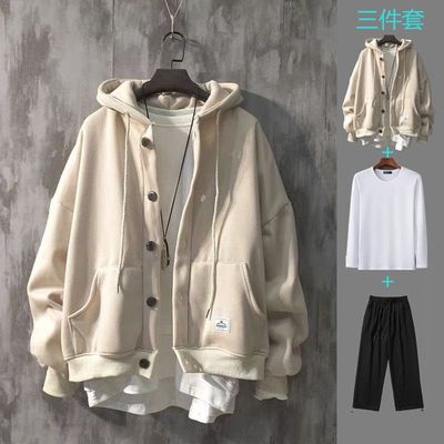 秋冬加绒卫衣三件套男装秋季休闲运动一套装男士冬季搭配帅气塘鑫