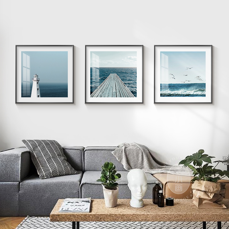 现代简约蓝色调大海抽象客厅卧室床头装饰画沙发背景墙壁挂画方形图片
