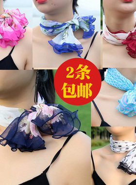 小领巾女士春秋冬季薄款银行职业小方巾冬天木耳边雪纺小丝巾纱巾