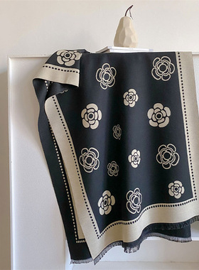 秋冬季棉麻围巾爆款山茶花羊绒围巾女冬季高级感百搭加厚保暖